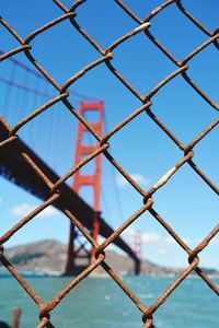 Low angle view of chainlink fence against clear sky