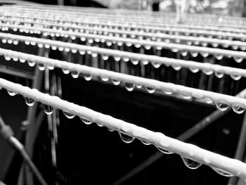 Close-up of water drops on metal grate