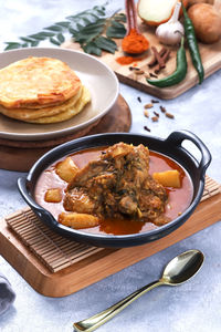High angle view of food in plate on table