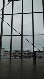 View of suspension bridge through window