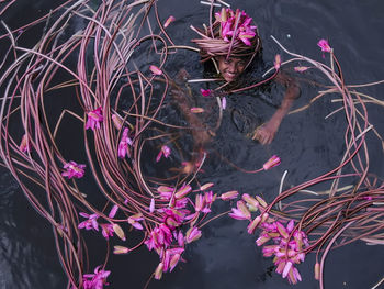 High angle view of woman floating on water