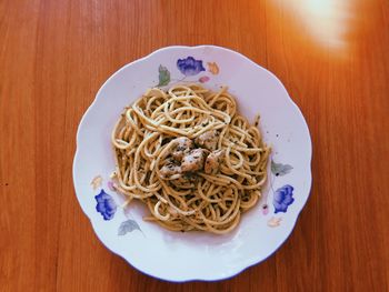 High angle view of noodles in plate on table