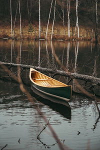 A beautiful green canadian canoe floating on the forest lake. tranquil and calm autumn scene 