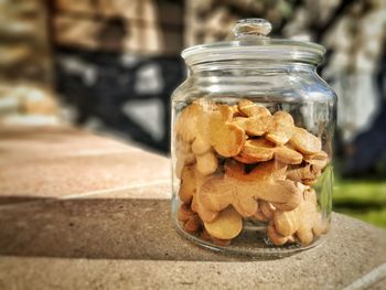 Close-up of ice cream in jar on table