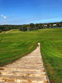 Footpath amidst field against sky