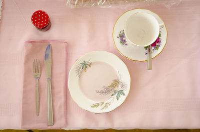 High angle view of tea served on table