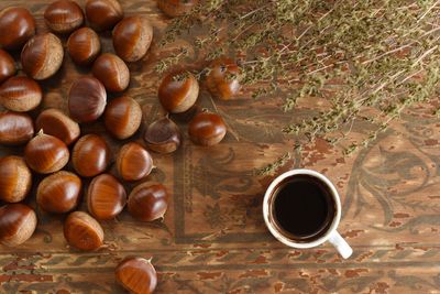 High angle view of coffee beans on table