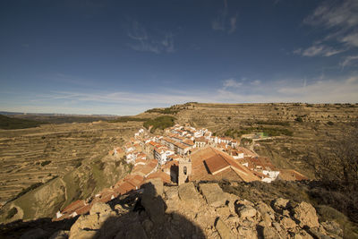 High angle view of residential district against sky