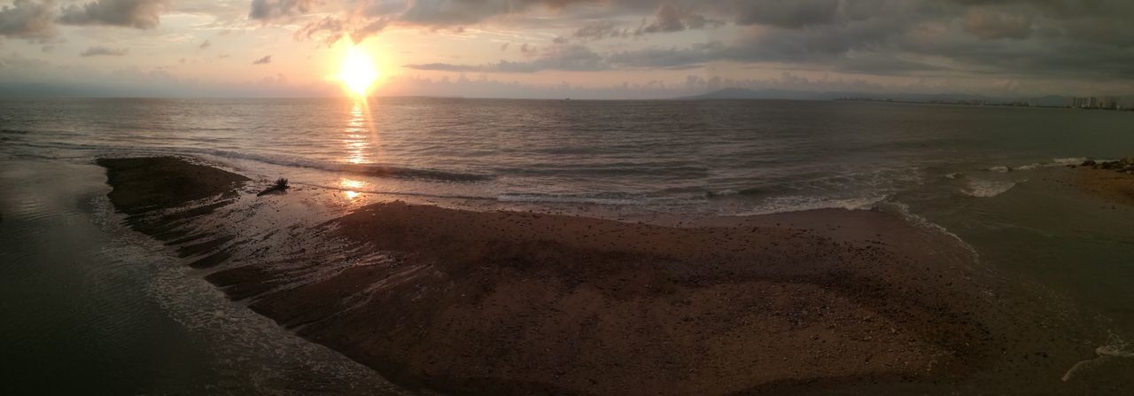 SCENIC VIEW OF BEACH AGAINST SKY AT SUNSET