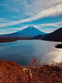 Scenic view of lake and mountains against sky