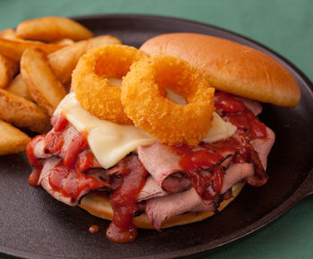 High angle view of beef sandwich on plate