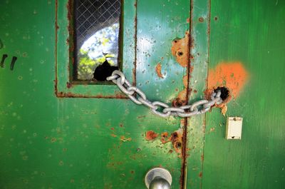 Close-up of chain on door