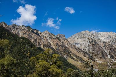 Low angle view of mountains against blue sky