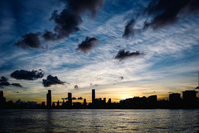 Silhouette buildings by city against sky during sunset