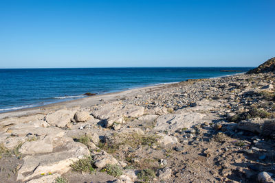 Scenic view of beach against clear blue sky