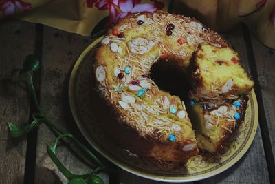 High angle view of cake on table