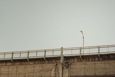 Low angle view of bird perching on railing against clear sky