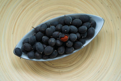 High angle view of berries in bowl on table