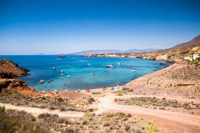 Scenic view of sea against clear blue sky