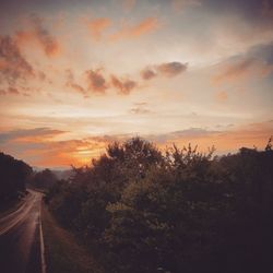 Road amidst trees against sky during sunset