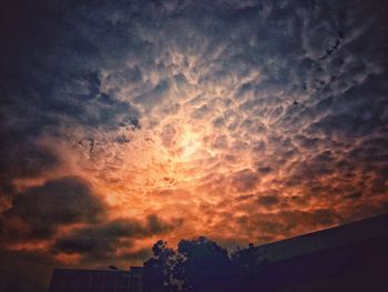 Low angle view of silhouette trees against dramatic sky