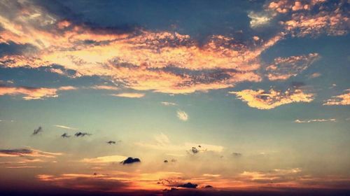 Low angle view of birds flying against sky during sunset