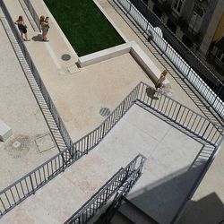 High angle view of bird on staircase of building