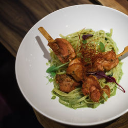 High angle view of food in plate on table