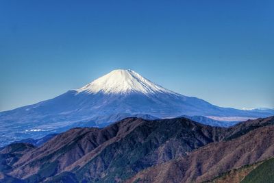 Scenic view of snowcapped mountain against blue sky