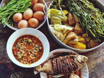 High angle view of food in bowl on table