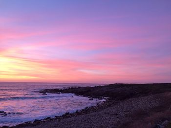 Scenic view of beach against cloudy sky during sunset