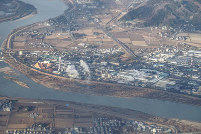 High angle view of city buildings