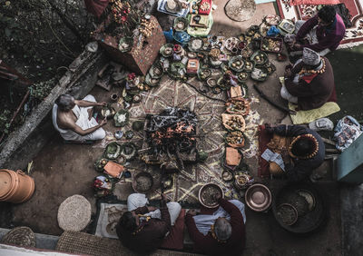 High angle view of people at market stall