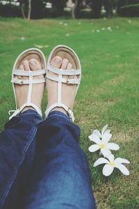 Low section of woman wearing sandal while sitting on field