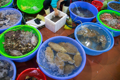 High angle view of fish on table