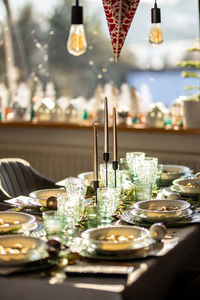 High angle view of wineglasses on table