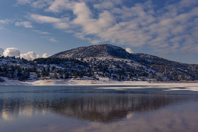 Scenic view of lake by snowcapped mountains against sky