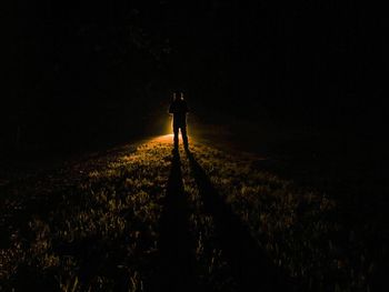 Rear view of man standing on grass with illuminated light at night
