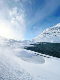 Scenic view of snow covered mountains against sky