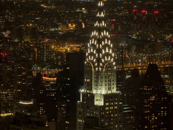 High angle view of illuminated buildings at night