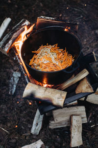 High angle view of food on barbecue grill