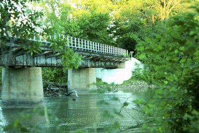 Built structure by trees against bridge