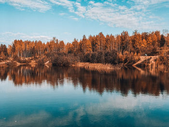 Scenic view of lake in forest during autumn