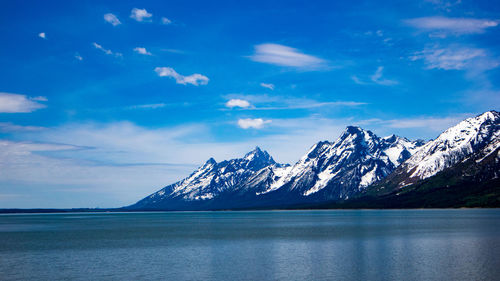 Scenic view of lake and snowcapped mountains against sky