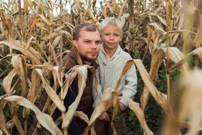 Family walking in corn field at autumn, dad and son posing among high plants