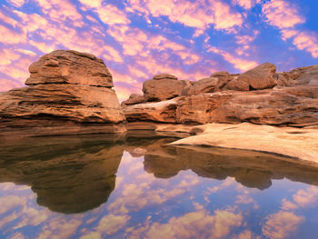 Reflection of rock formation in water against sky