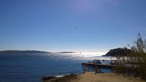 Scenic view of sea against clear blue sky