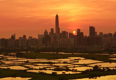 View of city at sunset