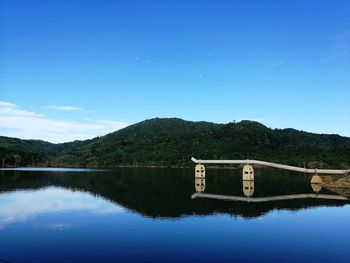 Scenic view of lake and mountains against clear blue sky