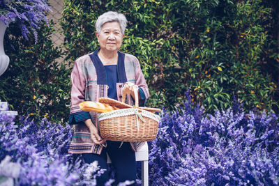 Asian old elderly female elder woman holding picnic basket in lavender flower garden. senior